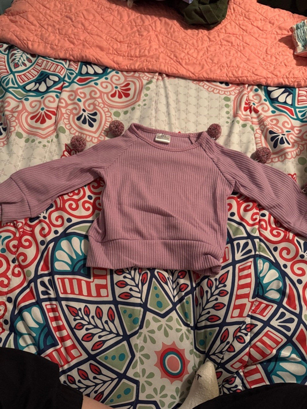 Little Girls' Lavender Pom-Trim Ribbed Sweatshirt